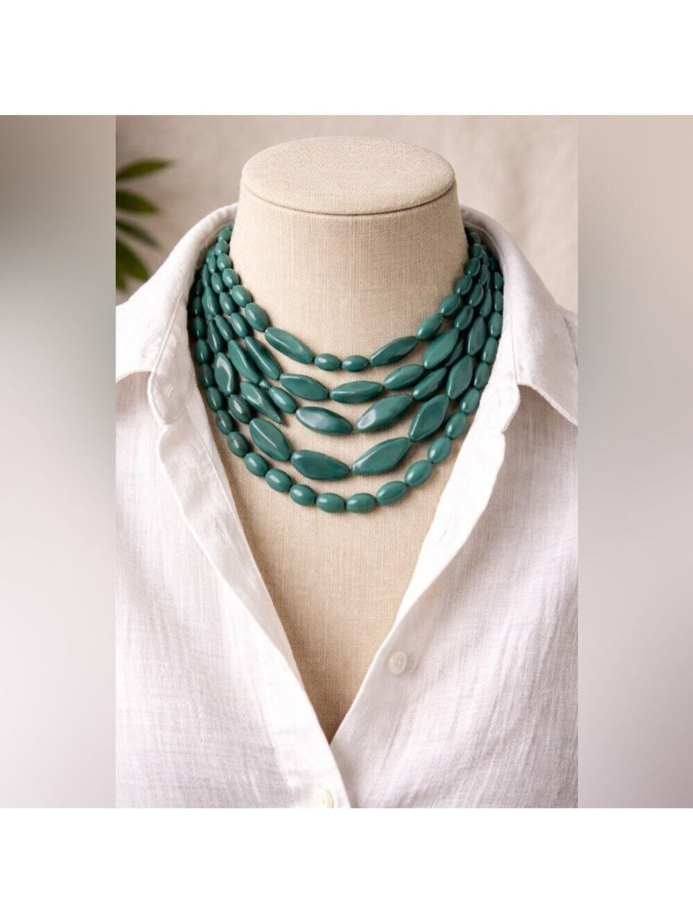 💙 Statement Ocean Teal Multi-Strand Acrylic Necklace • 5 Layer Sculptural Beads